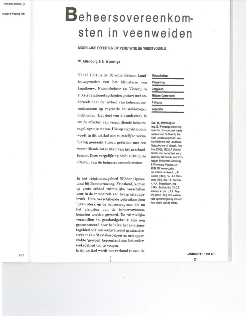Beheersovereenkomsten In Veenweiden Mogelijke Effecten Op Vegetatie En Weidevogels