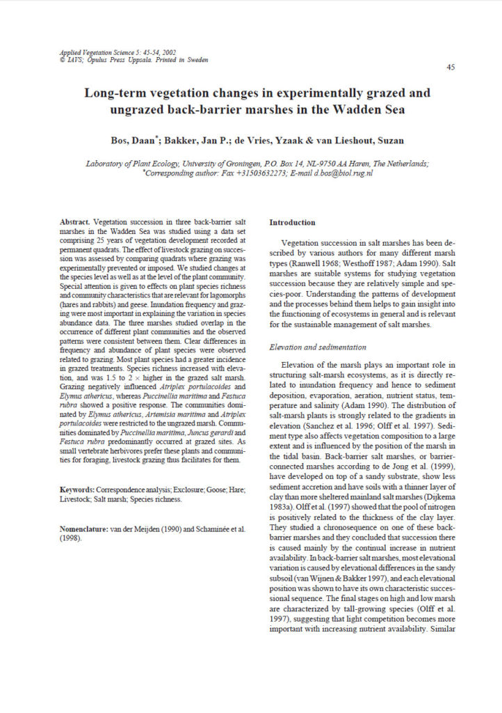 Long Term Vegetation Changes In Experimentally Grazed And Ungrazed Back Barrier Marshes In The Wadden Sea