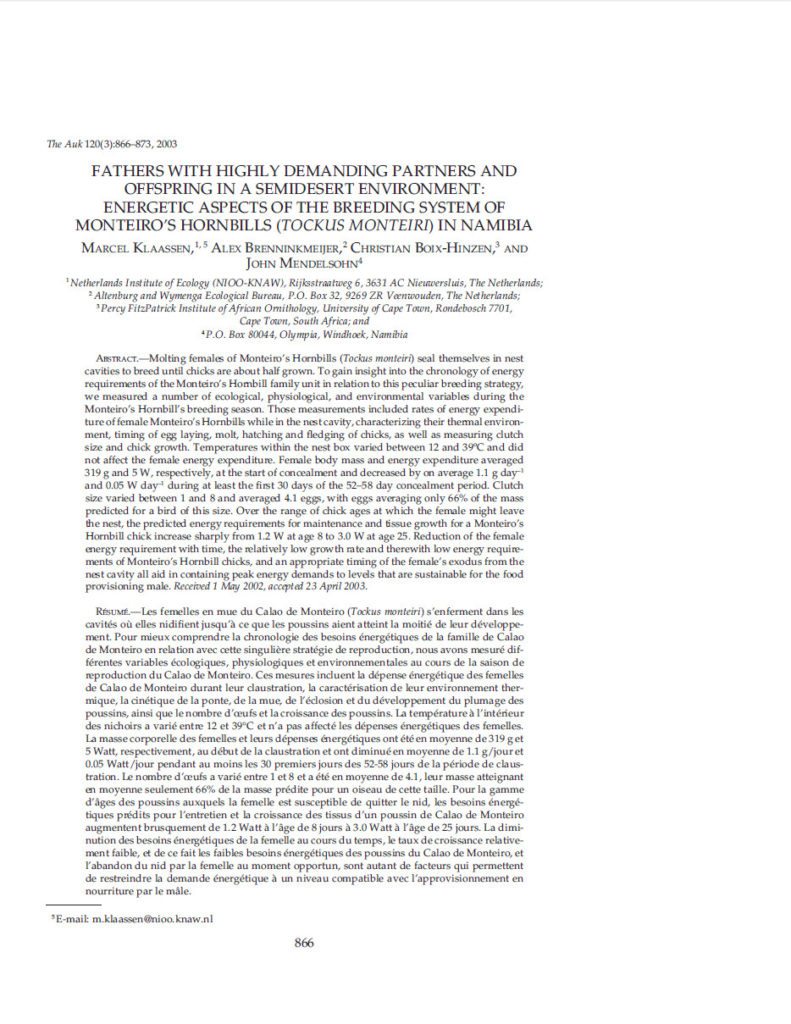 Fathers With Highly Demanding Partners And Offspring In A Semidesert Environment Energetic Aspects Of The Breeding System Of Monteiros Hornbills (Tochus Monteiri) In Namibia
