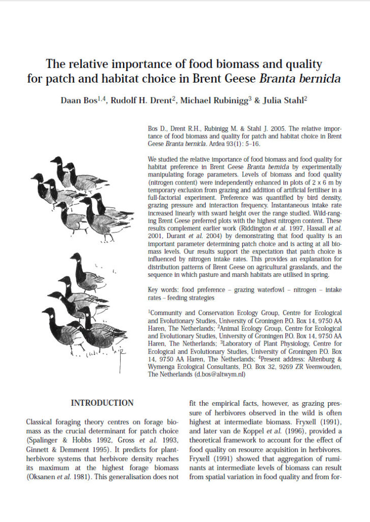 The Relative Importance Of Food Biomass And Quality For Patch And Habitat Choice In Brent Geese Branta Bernicla