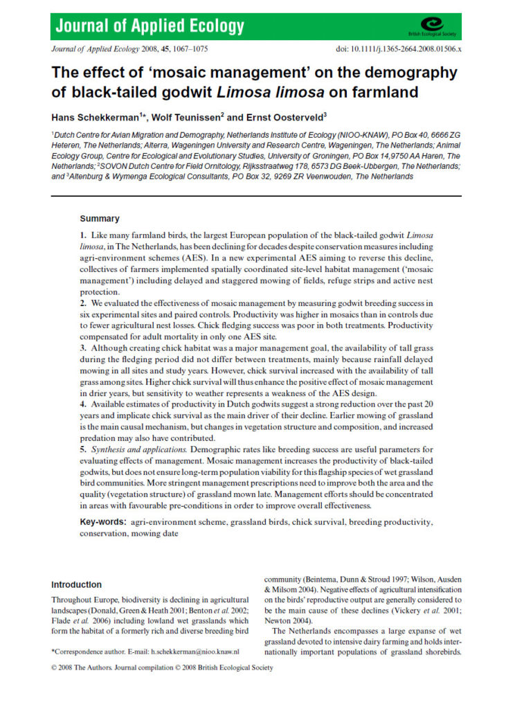 The Effect Of ‘mosaic Management’ On The Demography Of Black Tailed Godwit Limosa Limosa On Farmland