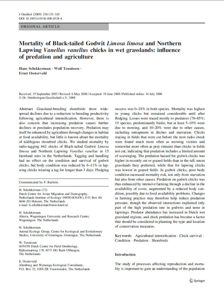 Mortality Of Black Tailed Godwit Limosa Limosa And Northern Lapwing Vanellus Vanellus Chicks In Wet Grasslandsinfluence Of Predation And Agriculture