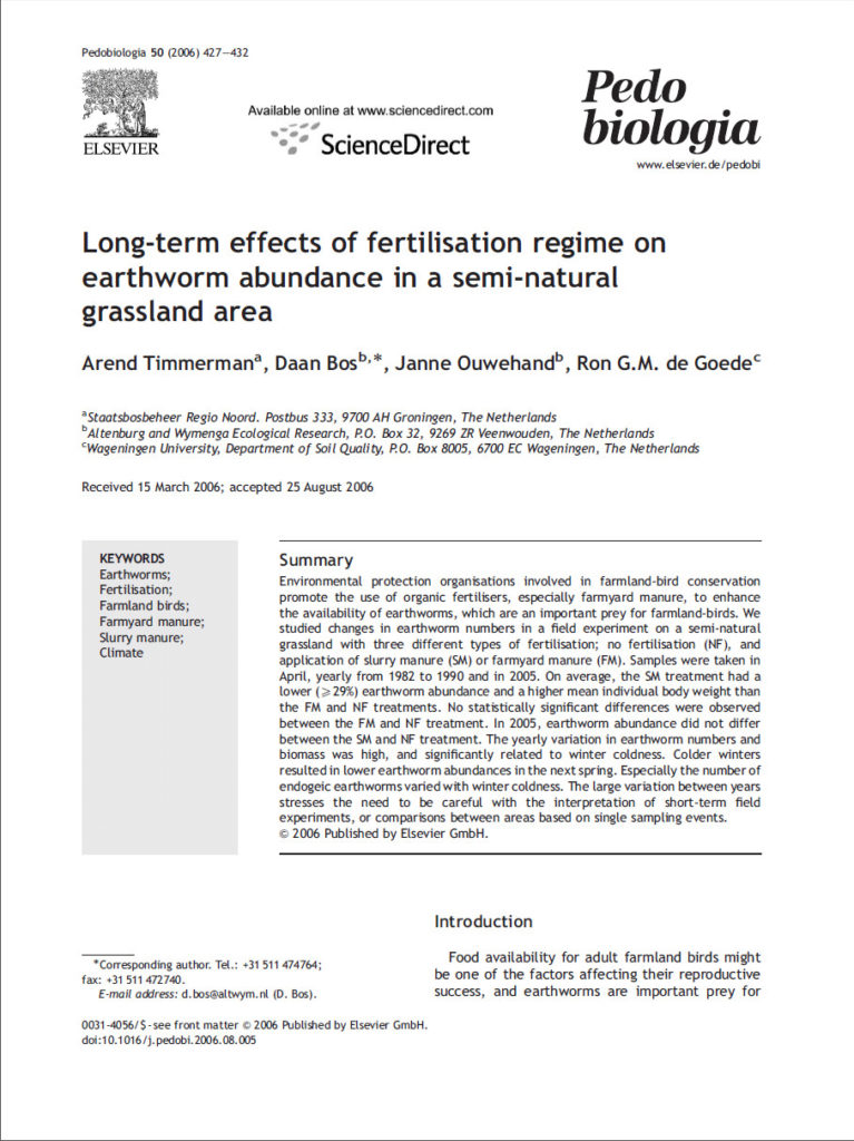 Long Term Effects Of Fertilisation Regime On Earthworm Abundance In A Semi Natural Grassland Area