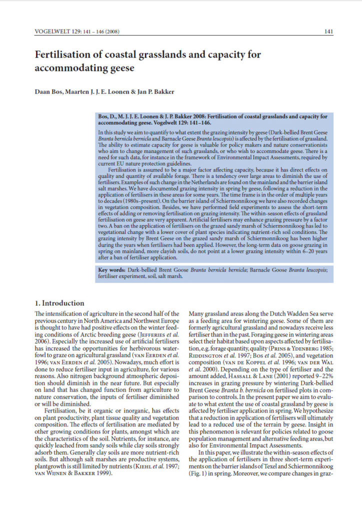 Fertilisation Of Coastal Grasslands And Capacity For Accommodating Geese