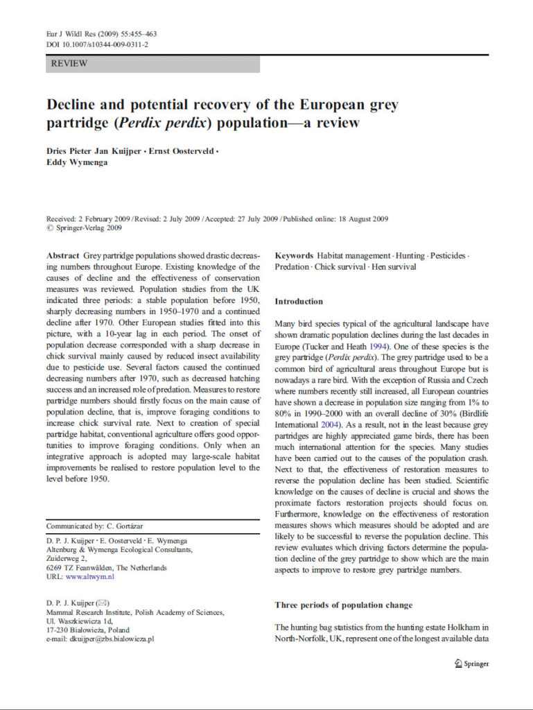 Decline And Potential Recovery Of The European Grey Partridge (Perdix Perdix) Population—a Review