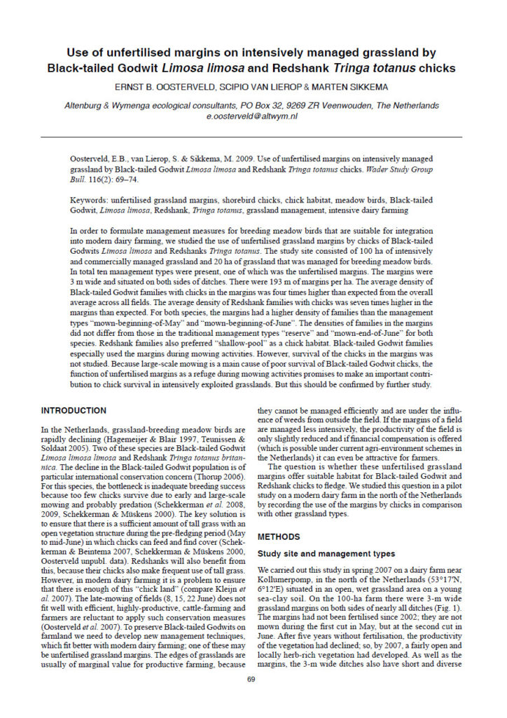 Use Of Unfertilised Margins On Intensively Managed Grassland By Black Tailed Godwit Limosa Limosa And Redshank Tringa Totanus Chicks