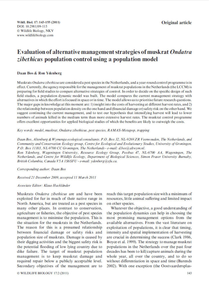 Evaluation Of Alternative Management Strategies Of Muskrat Ondatra Zibethicus Population Control Using A Population Model