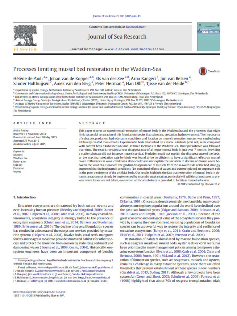 Processes Limiting Mussel Bed Restoration In TheWadden Sea