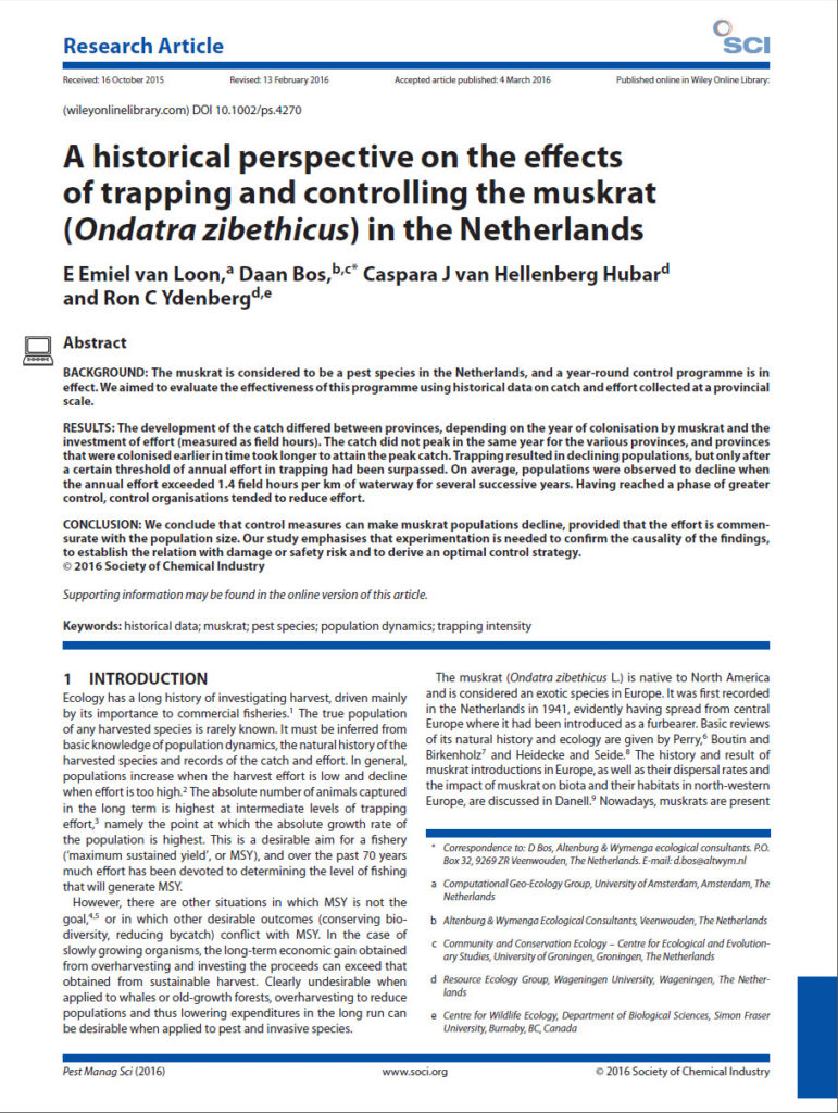 A Historical Perspective On The Effects Of Trapping And Controlling The Muskrat Ondatra Zibethicus In The Netherlands