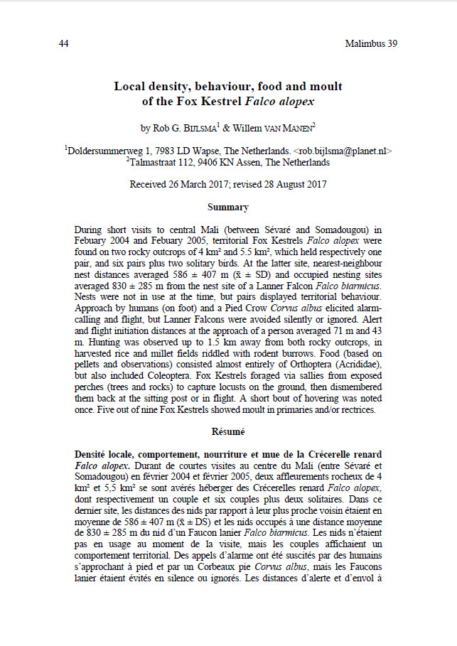 Local Density, Behaviour, Food And Moult Of The Fox Kestrel Falco Alopex