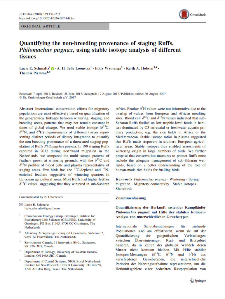 Quantifying The Non Breeding Provenance Of Staging Ruffs, Philomachus Pugnax, Using Stable Isotope Analysis Of Different Tissues