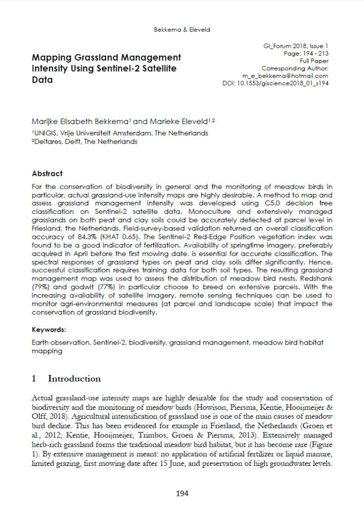 Mapping Grassland Management Intensity Using Sentinel 2 Satellite Data