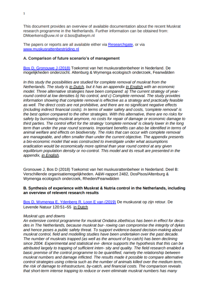 Overzicht Output Onderzoeksprogramma Muskusratten